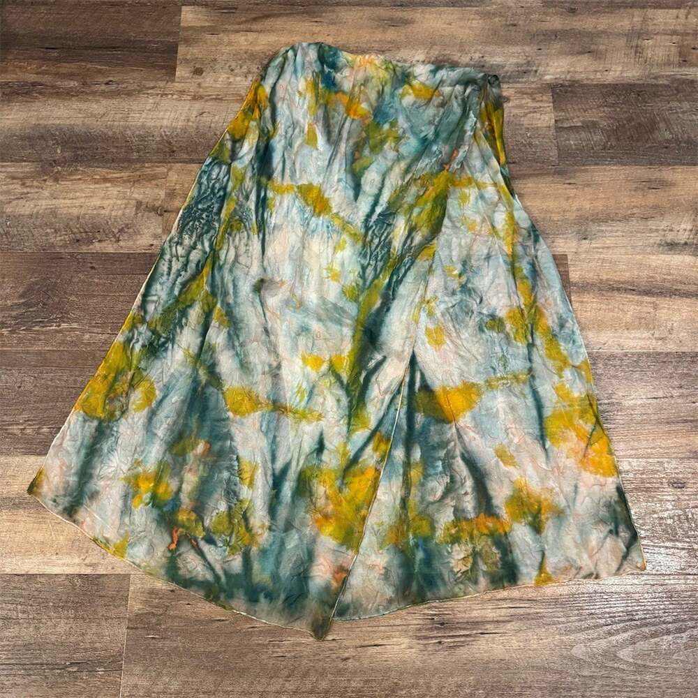 100% Silk Scarf Watercolor Green Yellow Pink Tie-Dye Abstract 64" x 17"